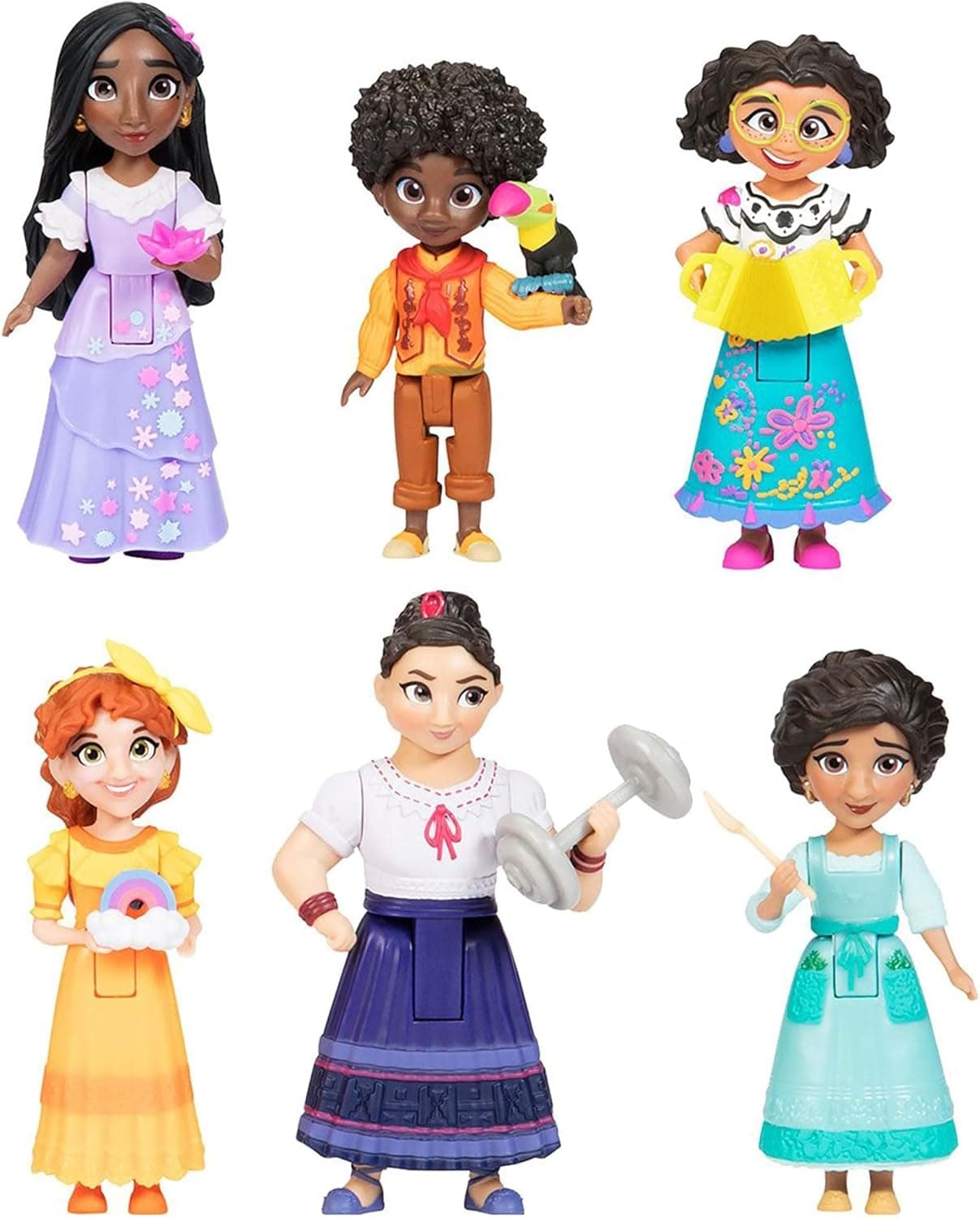 Figuras de muñecas Disney Encanto, juego de 6 unidades de la familia Madrigal, cada una con un accesorio, ideal para jugar con La Casa Madrigal