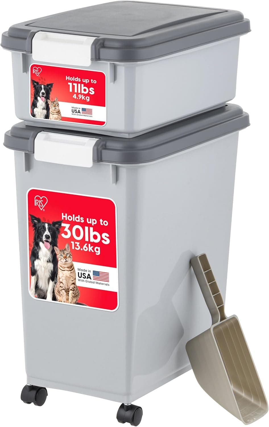 Contenedor de almacenamiento de comida para perros IRIS USA, hasta 30+11 libras, gris/gris oscuro | Fabricado en los EE. UU., incluye pala para 2 tazas y ruedas, sello hermético, sin BPA, semillas para pájaros, comida para gatos, arena para gatos, golosinas y juguetes