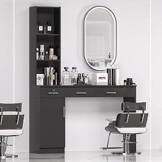 Estación de trabajo de peluquería para estilista Equipo de salón de belleza para el hogar Suministros de peluquero Organizador Gabinete Muebles de barbería,Negro