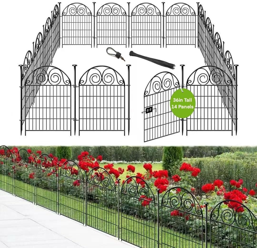 Barrera de animales para valla de jardín alta con puerta, 36 pulgadas de alto, 14 paneles, vallas y bordes de jardín para perros, valla para perros al aire libre para patio, longitud total de 30,6 pies, valla temporal de metal, patentada