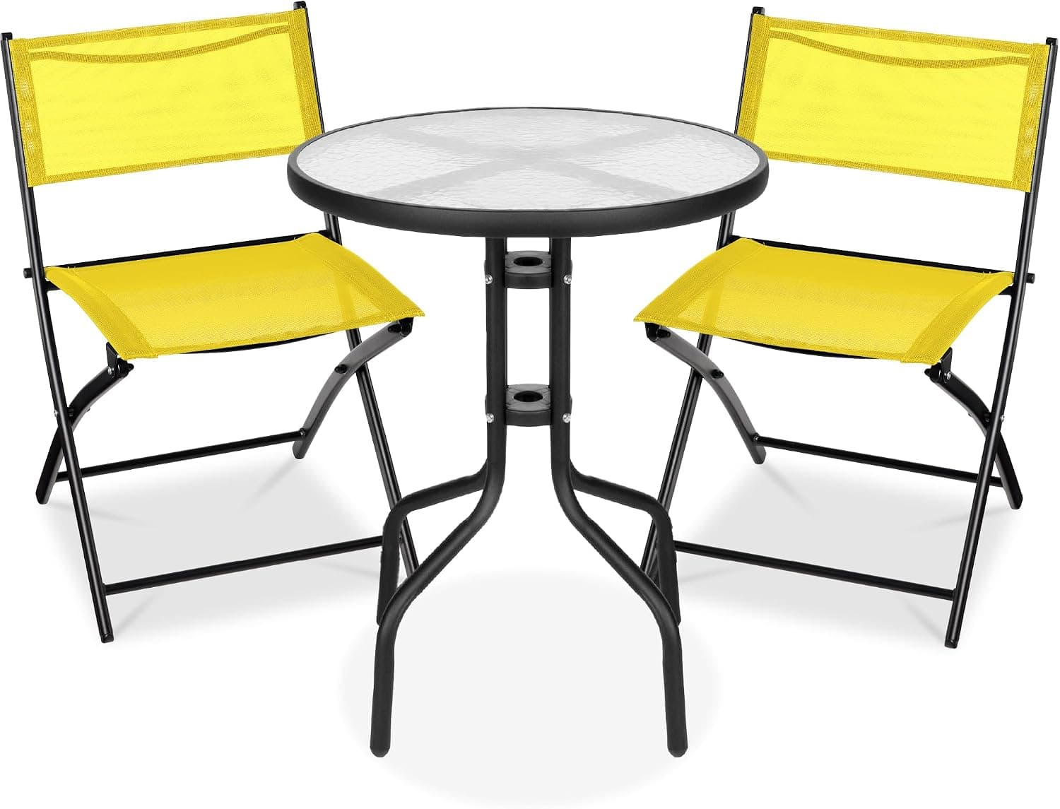 Best Choice Products Juego de muebles de comedor de bistró para patio de 3 piezas con mesa de vidrio texturizado, 2 sillas plegables de acero, tela de poliéster - Amarillo