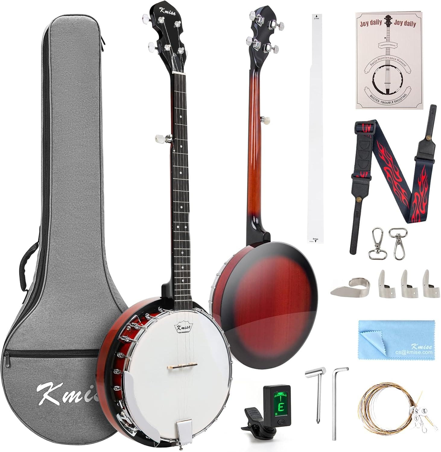 Kmise Banjo Banjos de 5 cuerdas, tamaño completo, 38 pulgadas, parte trasera abierta o cerrada con resonador, puente, paquete de cuerdas, púas para dedos, correa, estuche, juego de accesorios de afinador, opción de regalo para adultos principiantes