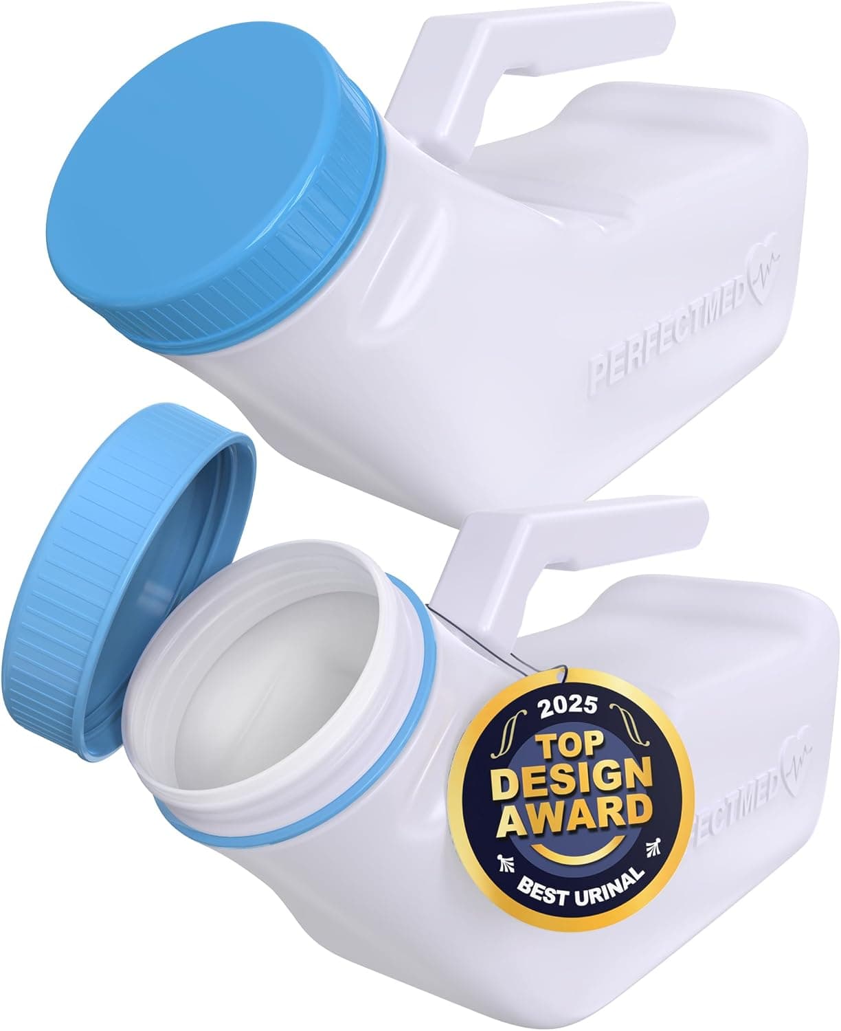 Urinarios para hombres a prueba de derrames de PerfectMed (paquete de 2) - 32 oz/ 1000 ml | Bandeja portátil para botella de orina con tapa que brilla en la oscuridad | Botella de plástico grueso para orinal