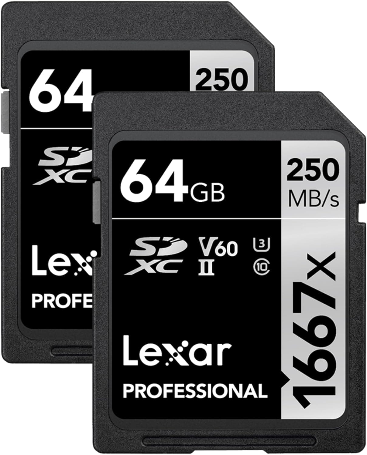 Lexar Tarjeta SD profesional 1667x de 64 GB (paquete de 2), UHS-II, C10, U3, V60, Full HD, 4K, tarjeta de memoria SDXC de lectura de hasta 250 MB/s, para fotógrafo profesional, videógrafo y entusiasta (LSD64GCBNA16672)