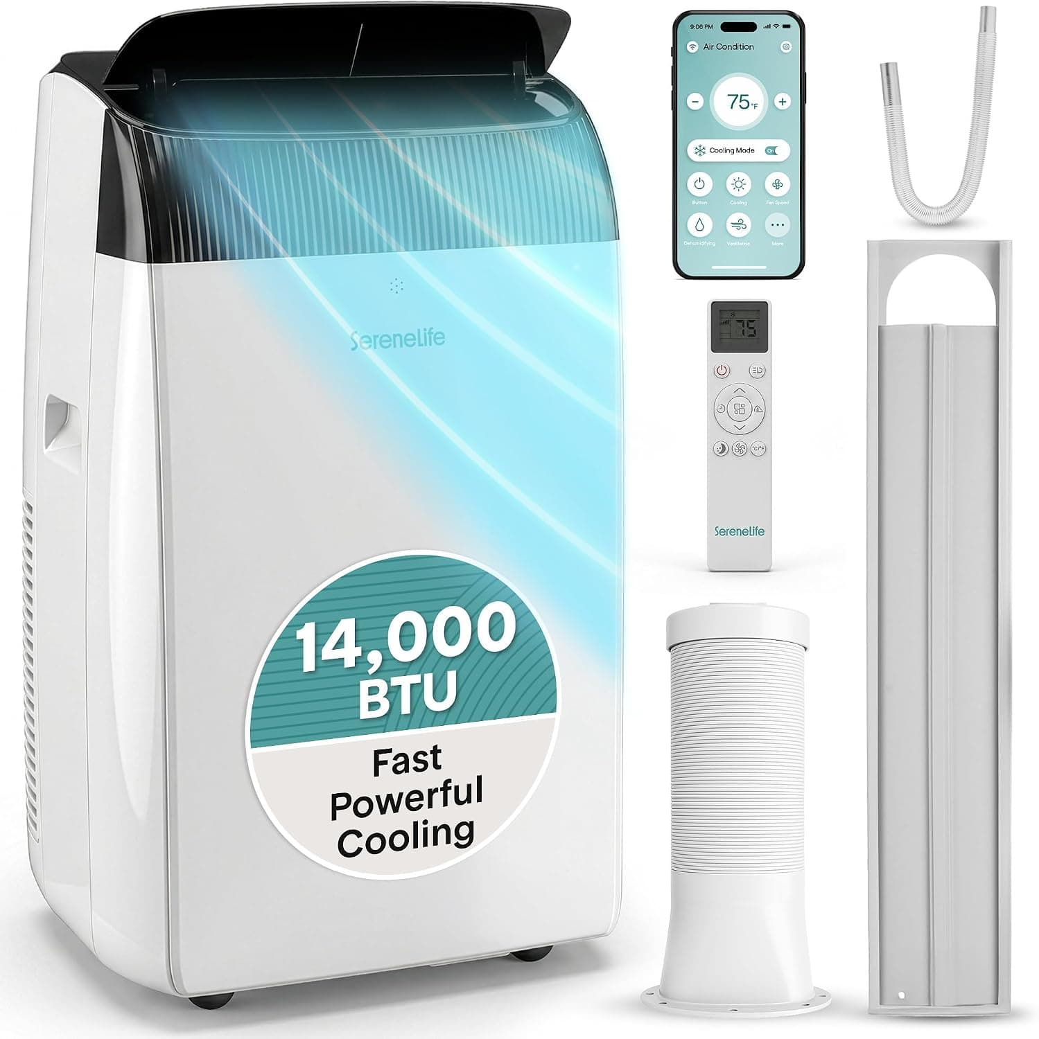 Aire acondicionado portátil SereneLife de 14.000 BTU con deshumidificador y ventilador | Unidad de aire acondicionado portátil con Wi-Fi para habitaciones de hasta 650 pies cuadrados | Aire acondicionado compacto de pie con kit de ventana (gris)