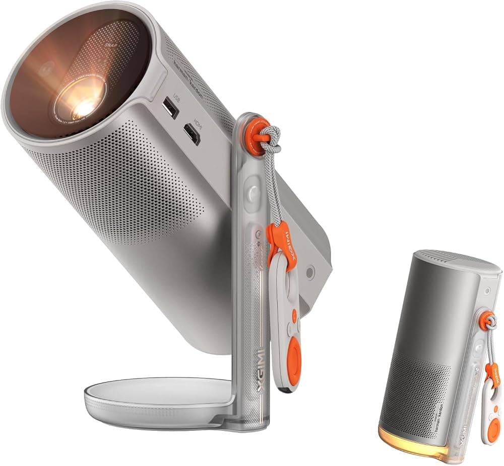 Proyector portátil láser XGIMI MoGo 4 con 4 filtros, 550 lúmenes ISO | Soporte integrado de 360°, batería integrada, tiempo de película de 2,5 horas, Google TV con Netflix con licencia, 2 × 6 W Harman Kardon
