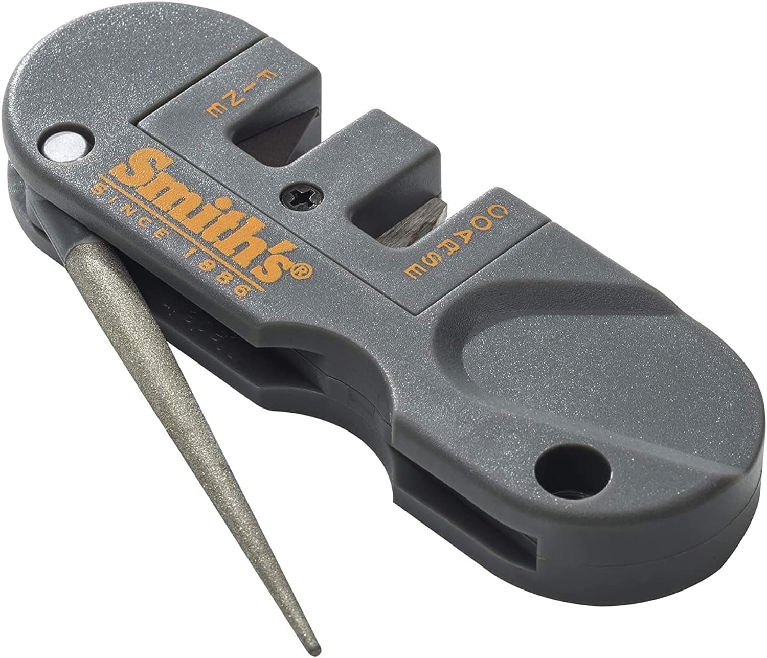 Smith's PP1 Pocket Pal Afilador de cuchillos preestablecidos de carburo y piedra de cerámica, varilla plegable con revestimiento de diamante, afilador de cuchillos y ganchos para caza al aire libre, portátil, compacto, ligero, multiusos