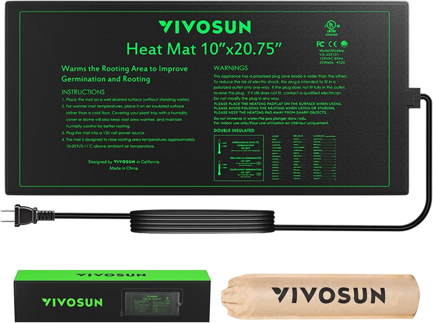 VIVOSUN Alfombrilla térmica para plántulas resistente al agua de 10.0 x 20.75 pulgadas | Almohadilla térmica hidropónica cálida con certificación UL y MET para germinación, jardinería interior e invernadero