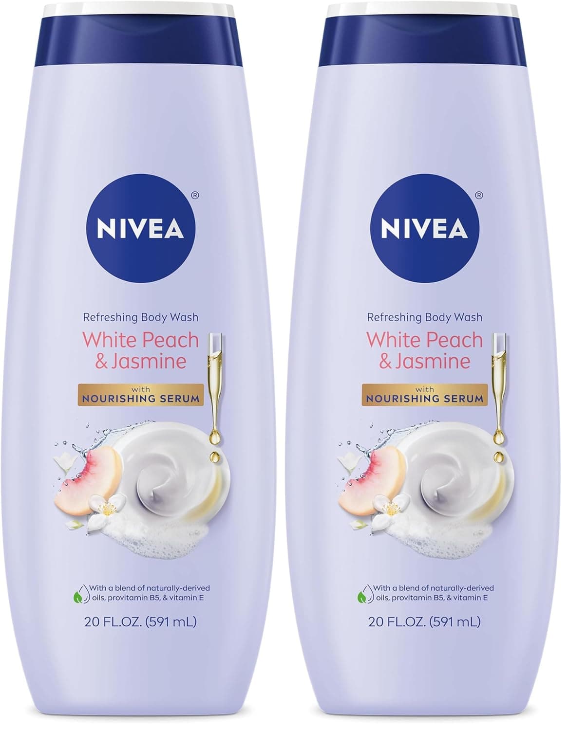 NIVEA Jabón corporal refrescante de melocotón blanco y jazmín con suero nutritivo, gel de baño perfumado para mujeres, enriquecido con provitamina B5 y vitamina E, botella de 20 onzas líquidas (paquete de 2)