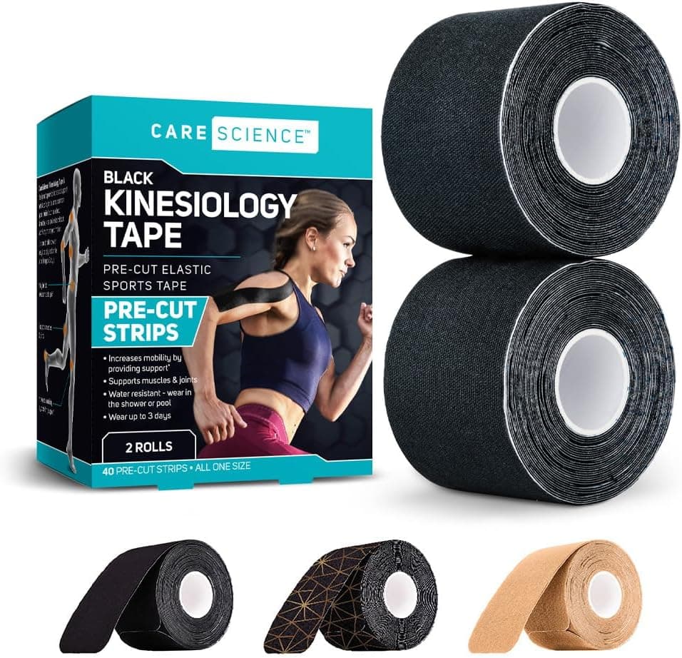 Care Science Cinta de kinesiología negra impermeable, 40 tiras precortadas, 2 rollos | Cinta elástica para deportes y levantamiento de pesas que soporta músculos y articulaciones. Resistente al agua.