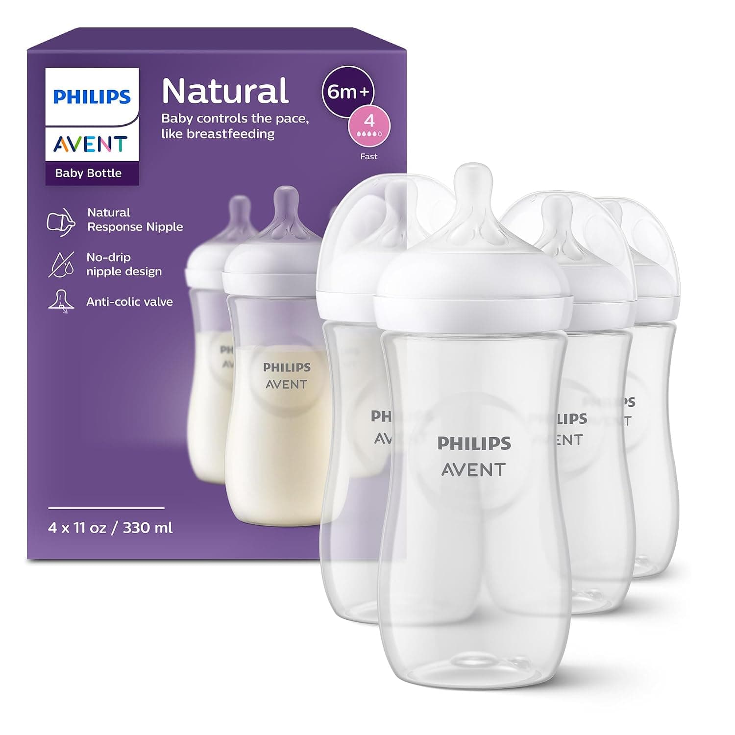 Biberones naturales Philips Avent, flujo rápido, 11 oz, sin BPA, paquete de 4 | Flujo controlado por el bebé, diseño sin goteo, reduce los cólicos y los gases con válvula anticólicos, SCY906/04