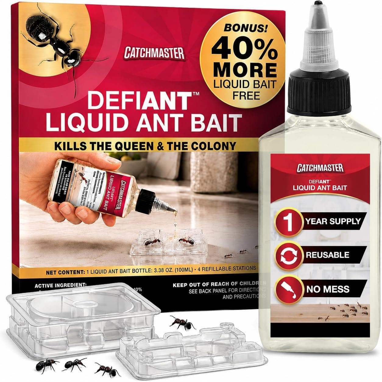 Catchmaster Defiant Premium Liquid Ant Killer, suministro de 1 año, mata a la reina y la colonia, botella de precisión sin ensuciar, trampas reutilizables para hormigas para interiores y exteriores, trampas para control de plagas, fabricadas en Estados Unidos