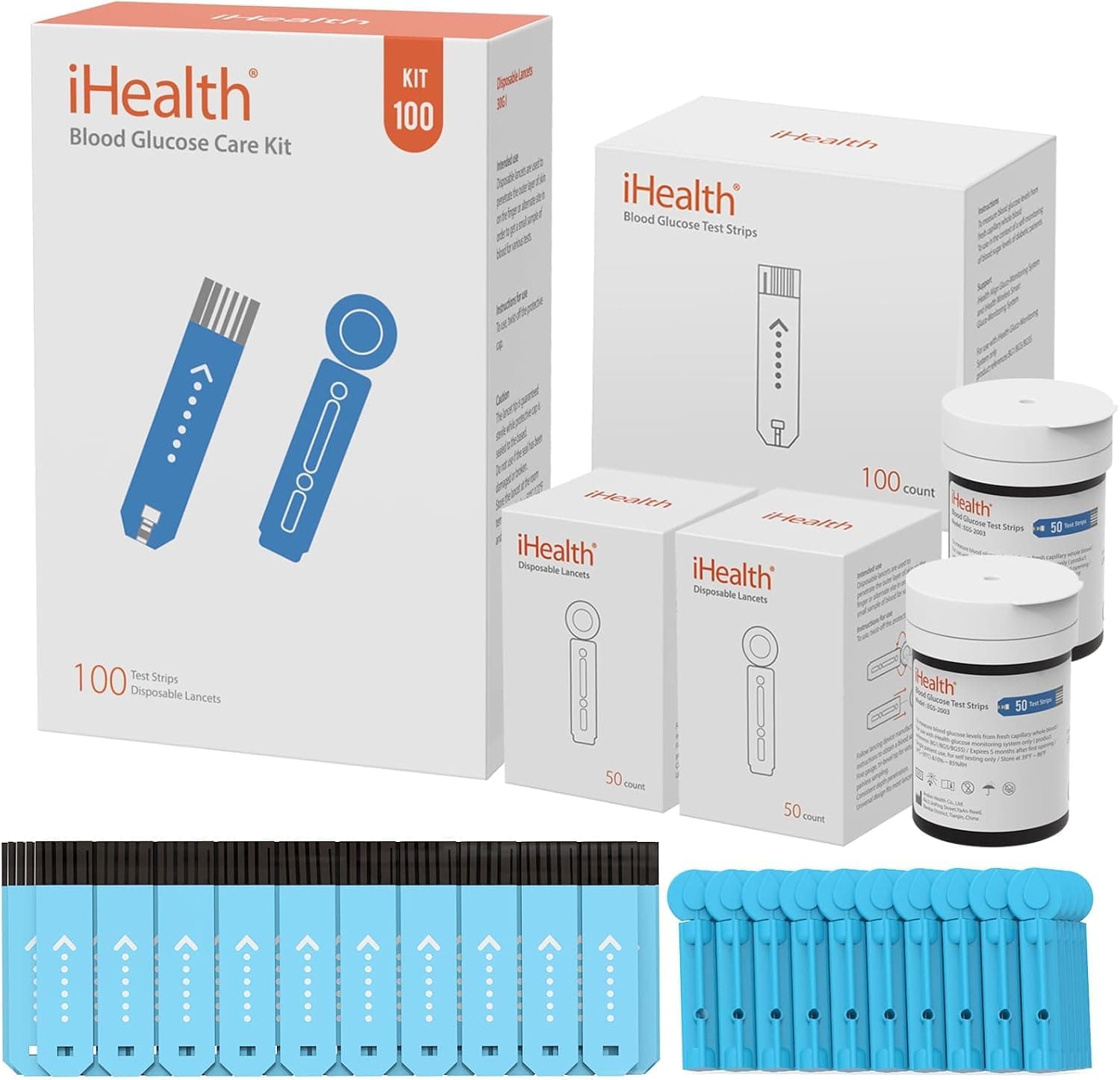iHealth Glucose Test Strips & Lancets, 100 Each, No Coding | Compatible with iHealth Meters Only, 0.7 µL Sample, 5-Second Results, Easy Home and Travel Testing, Blood Sugar Test Strips