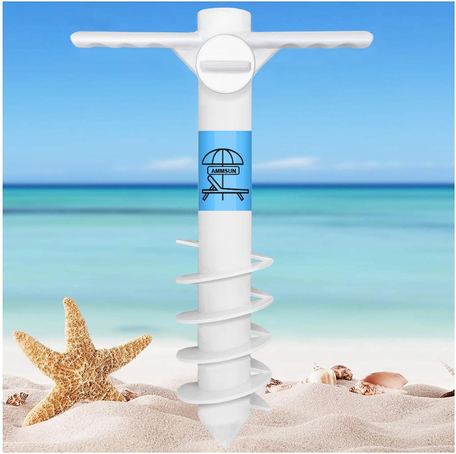 AMMSUN Sombrilla de playa Ancla de arena Paraguas resistentes para exteriores Base de barrena | con 5 tornillos en espiral, soporte seguro para paraguas, ideal para vientos fuertes, blanco, universal y talla única