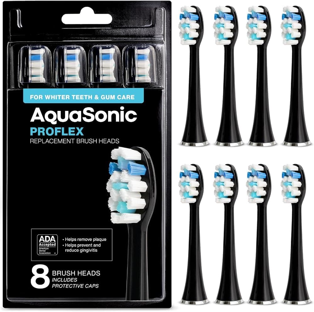 Genuine Proflex Replacement Brush Heads | ADA Accepted | for Whiter Teeth & Gum Care | Compatible with Many AquaSonic Toothbrush Handles (8 Pack Black)