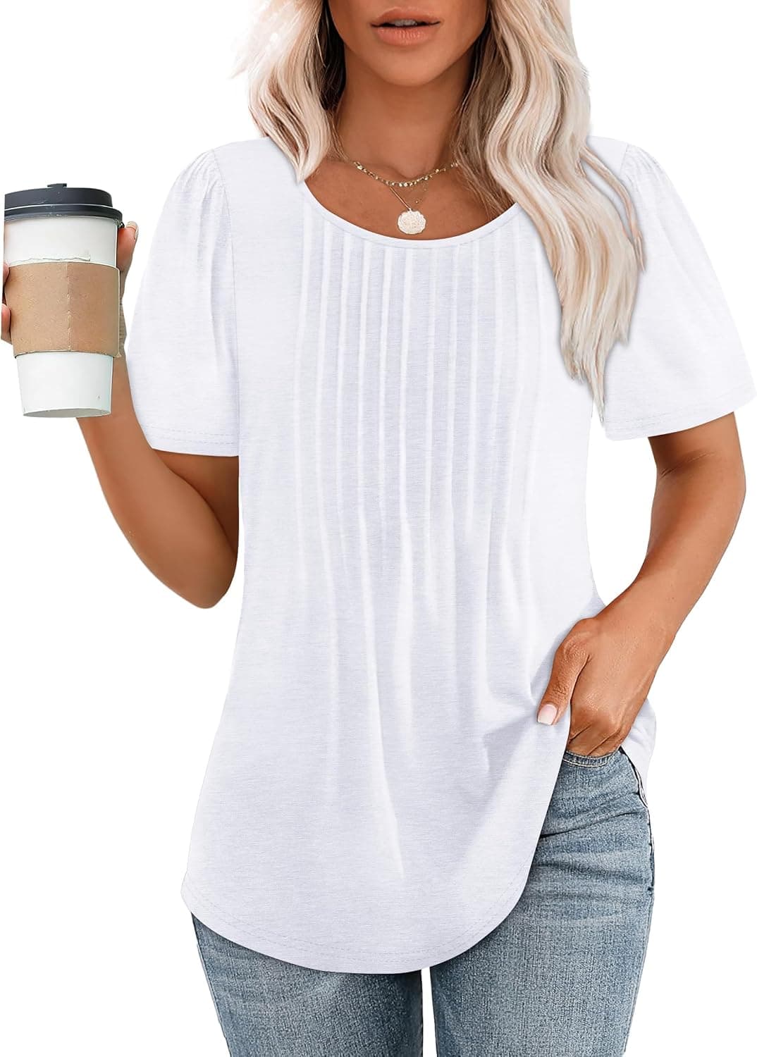 OFEEFAN Mujeres Camisetas Manga Corta Plisada Vestido Casual Cuello Cuchara Camisetas De Verano Blusas