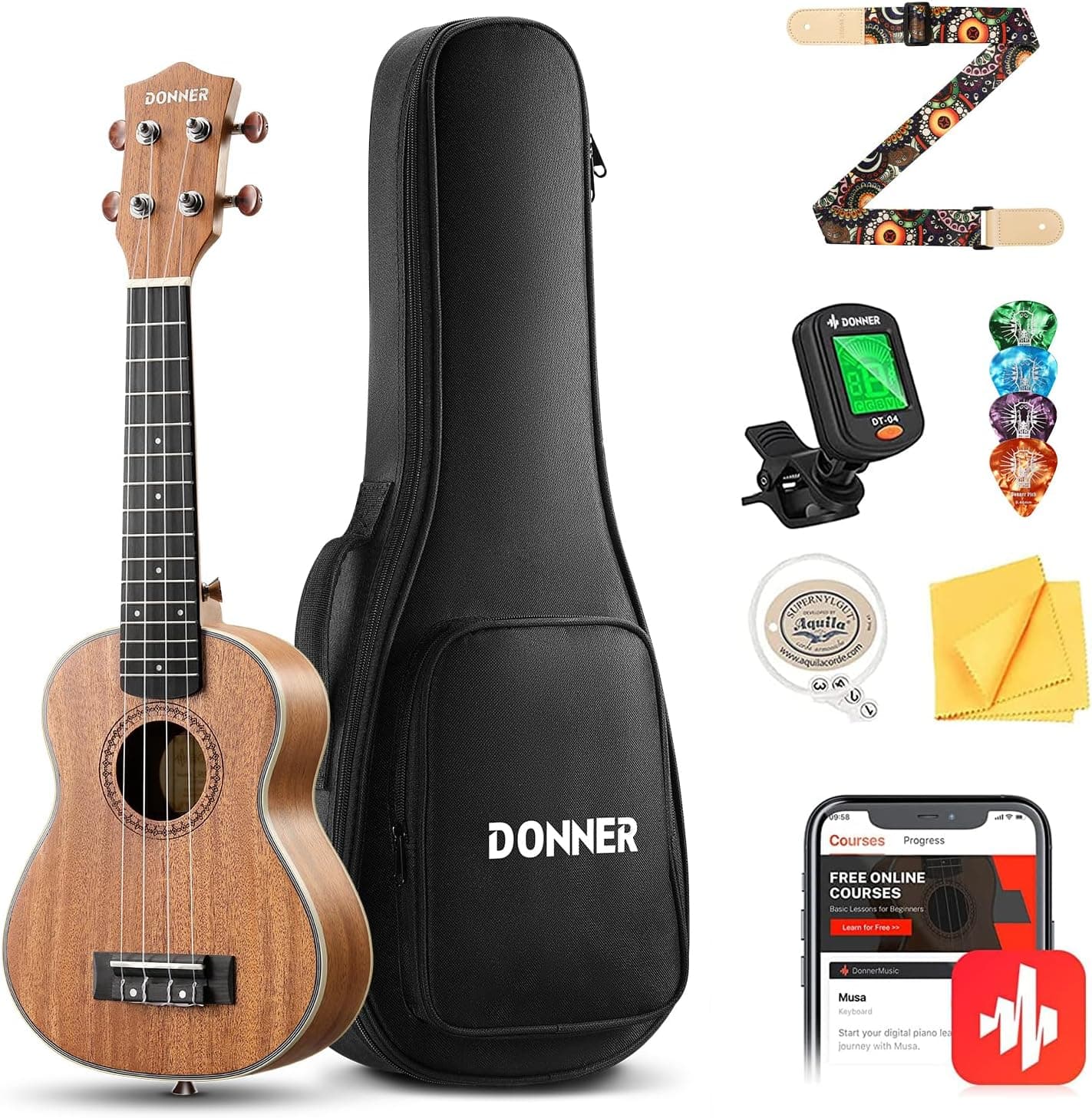 Concierto Donner Kit para principiantes de ukelele 23 pulgadas Ukelele Madera de caoba con lección en línea gratis Bolsa de trabajo Correa de nailon Afinador de cuerdas Selecciones Paquete Ukalalee Yukalalee Paquete DUC-200