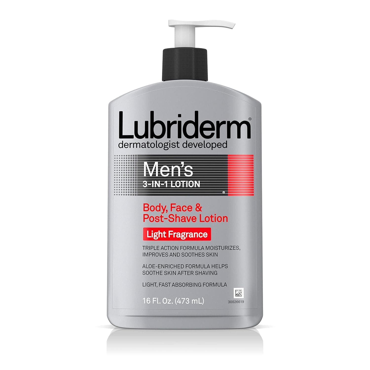 Lubriderm Loción 3 en 1 para hombres enriquecida con aloe calmante para cuerpo y rostro, humectante post afeitado no graso con fragancia ligera, 16 fl. onz