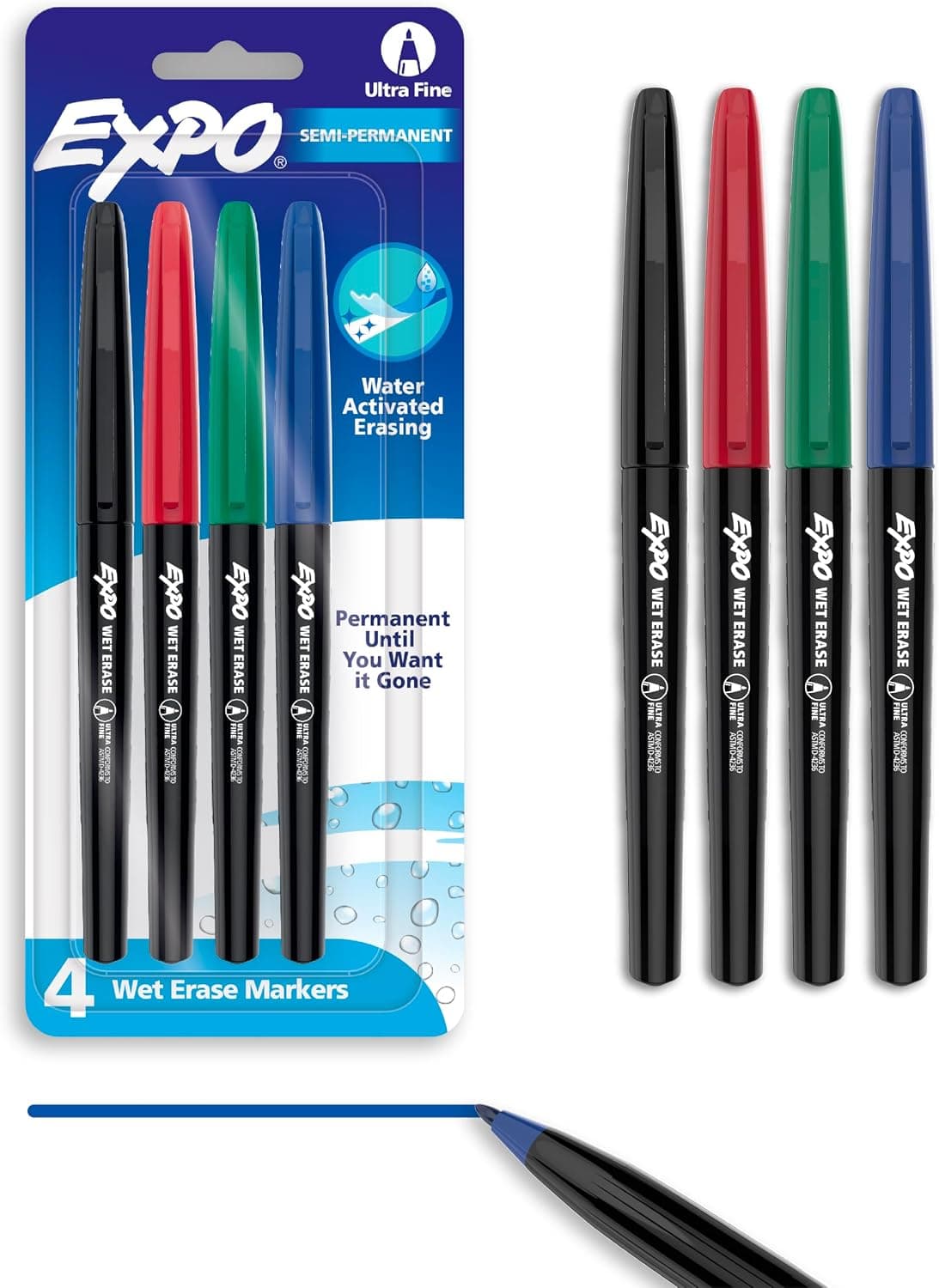 EXPO Wet Erase Markers, Semi-Permanent Markers, Assorted, Ultra Fine Point, 4 Count