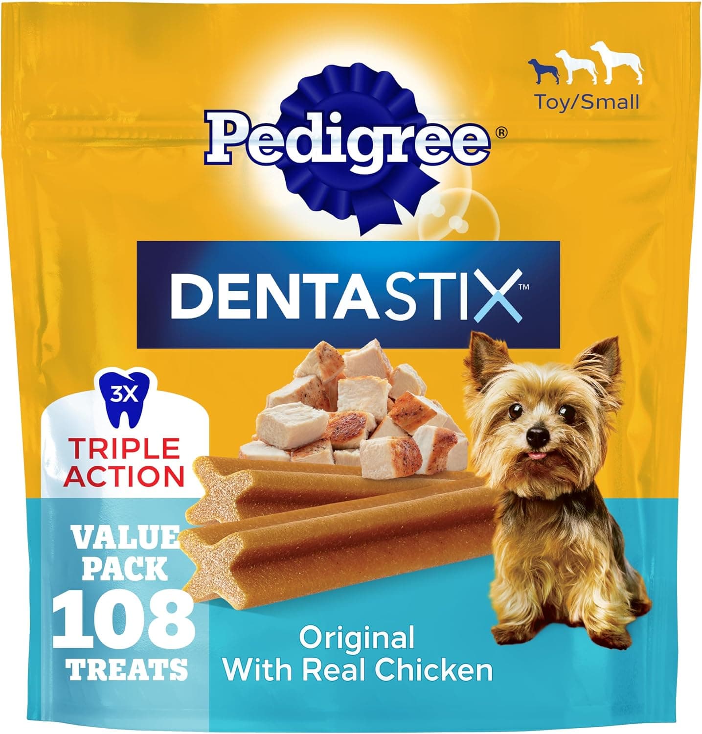Pedigree Dentastix Golosinas dentales para perros pequeños y medianos, originales, 108 unidades | Sabor original a pollo, Cuidado dental de triple acción, reduce el sarro, limpia los dientes, refresca el aliento, para perros de 7 a 22 lbs