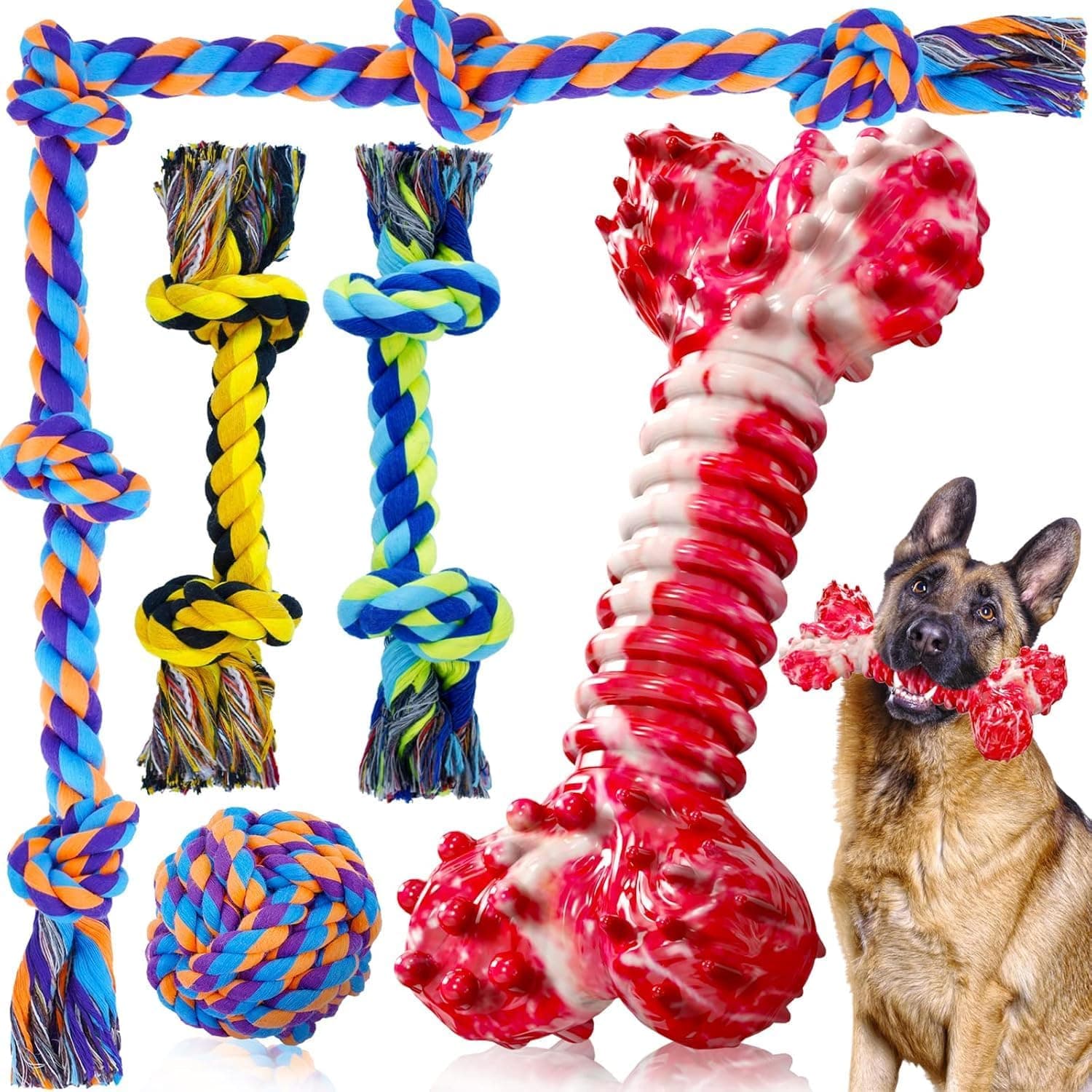 SHARLOVY Juguetes masticables para perros para masticadores agresivos | Paquete de 5 juguetes indestructibles para perros de raza grande, juguetes de cuerda de algodón, masticables de huesos duros para masticadores agresivos de raza grande