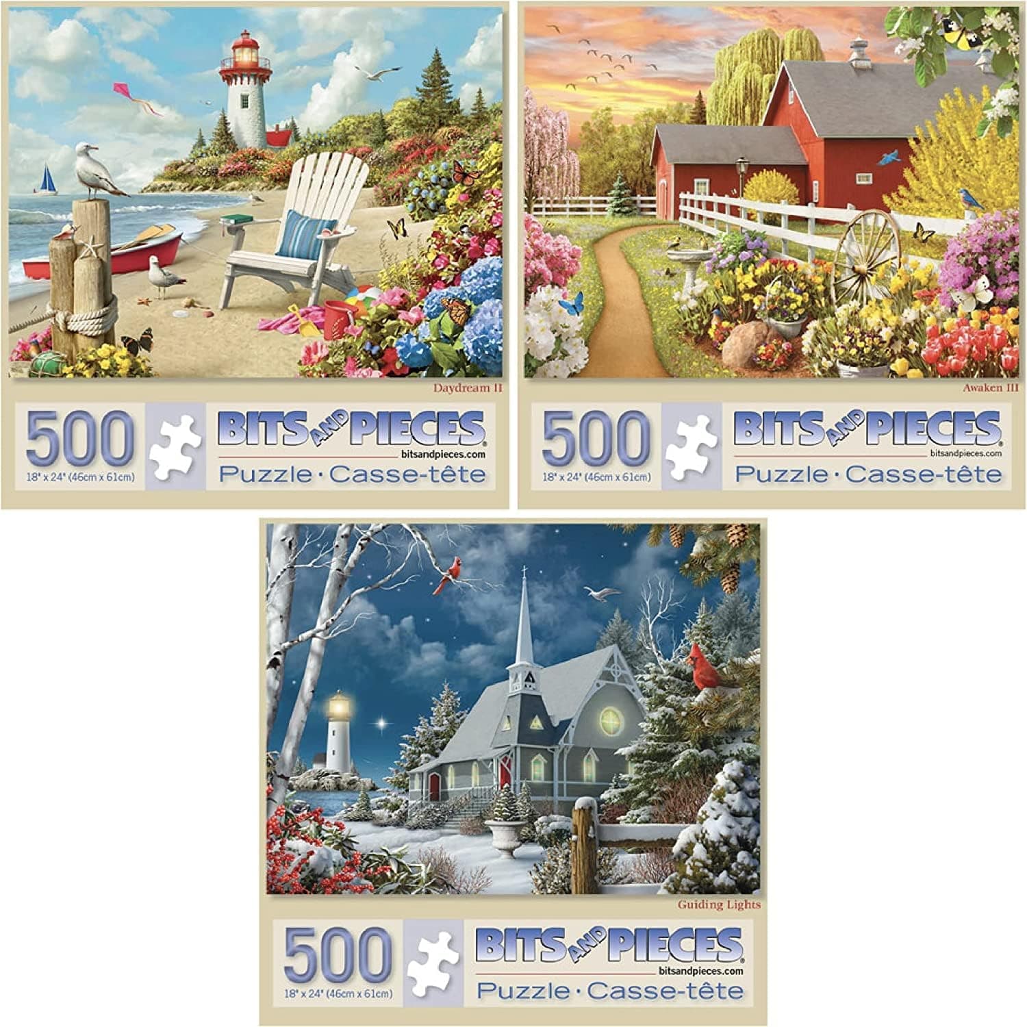 Juego de 3 rompecabezas de bits y piezas 500 piezas - Paisajes de temporada | 18" x 24" - Juego de 3 rompecabezas - Rompecabezas de paisaje Cottage Core - Cartón reciclado - Colores brillantes - Sin falsos ajustes