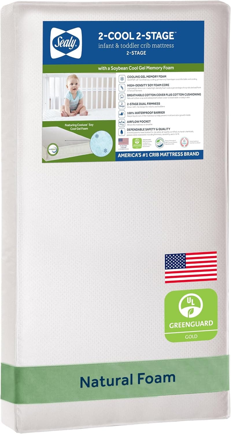 Sealy Baby 2 Cool Colchón de cuna transpirable de 2 etapas, certificado GREENGUARD Gold, fabricado en EE. UU., espuma refrescante extra firme de primera calidad, apto para cama infantil, no tóxico, probado en seguridad y calidad, 52 x 28 pulgadas