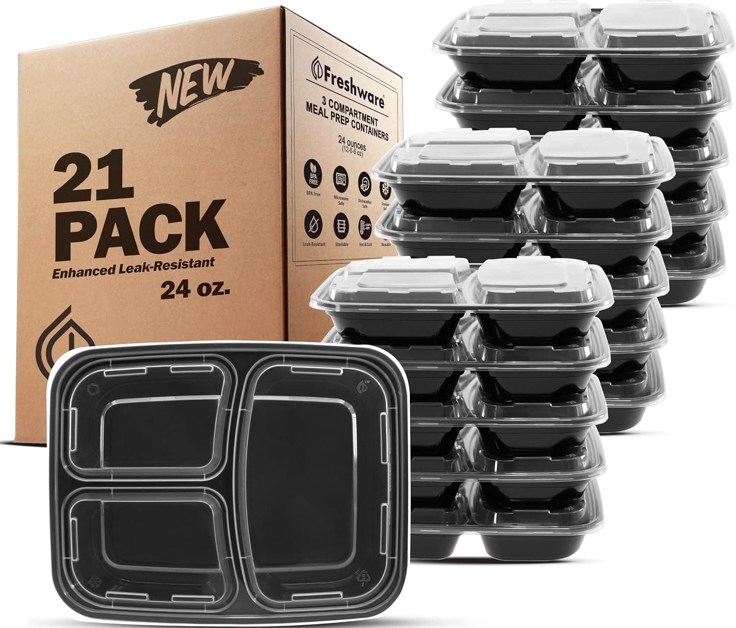 Contenedores de preparación de comidas Freshware [paquete de 21] 3 compartimentos con tapas, contenedores de almacenamiento de alimentos, caja Bento, apilables, aptos para microondas/lavavajillas/congelador (24 oz)