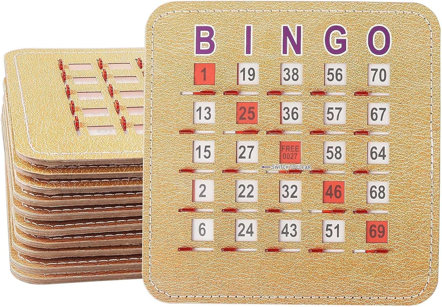 Tarjetas de juego de bingo GSE, paquete de 10 tarjetas de bingo reutilizables con obturador | Tarjetas de bingo de 5 capas cosidas con la punta de los dedos y ventanas corredizas de limpieza rápida, para grupos de adultos, fiestas y noches de juegos familiares