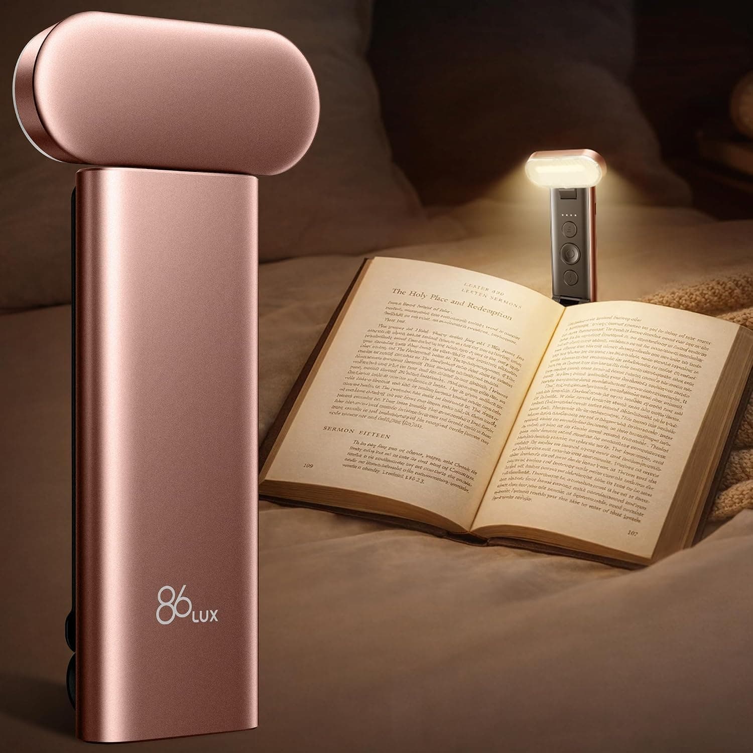 Luz para Libros 86lux, Luz de Lectura Recargable para Libros en la Cama | 3 modos de color y atenuación continua, luz de marcador LED de aleación de aluminio para amantes de los libros, oro rosa
