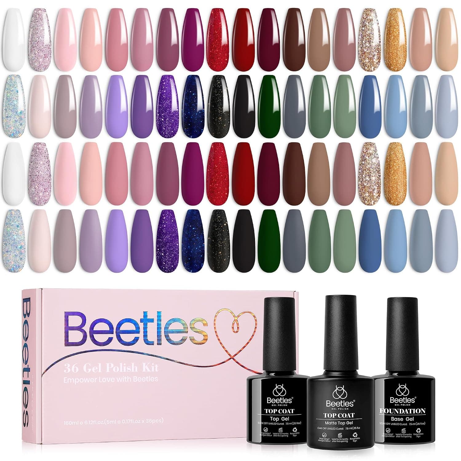 Set de esmalte de uñas en gel Beetles 36 colores Kit de esmalte de gel Neutral Elegance | Gel de color rojo burdeos azul verde marrón con purpurina rosa brillante con base y capa superior Regalos de manicura necesarios para mujeres con LED UV