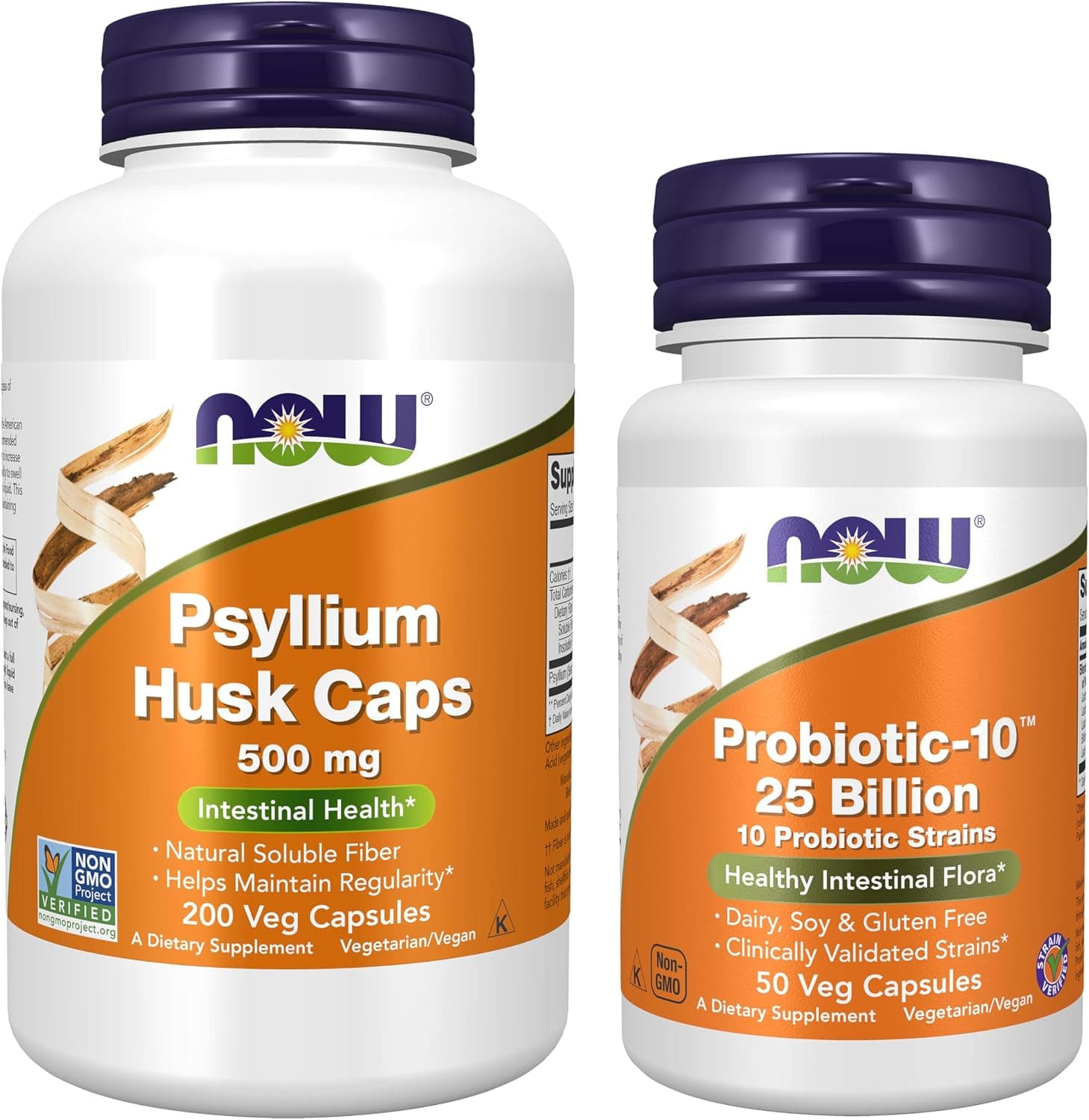 Paquete de salud digestiva de NOW Foods - Suplementos probióticos + cáscara de psyllium | Probiotic-10(TM) 25 mil millones de UFC para mujeres y hombres 50 ct + cápsulas de psyllium 200 ct - Apoya la digestión, la salud intestinal y la regularidad*