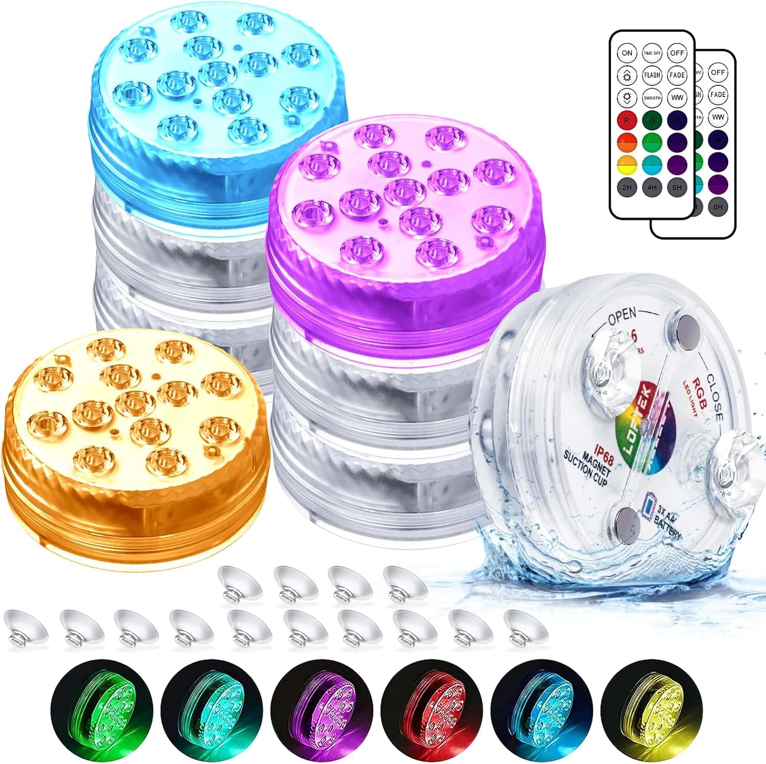 LOFTEK Luces LED sumergibles con control remoto, 13 luces LED para piscina enterrada sobre el suelo con imanes y ventosas, 16 luces subacuáticas que cambian de color para estanques con pilas, paquete de 8