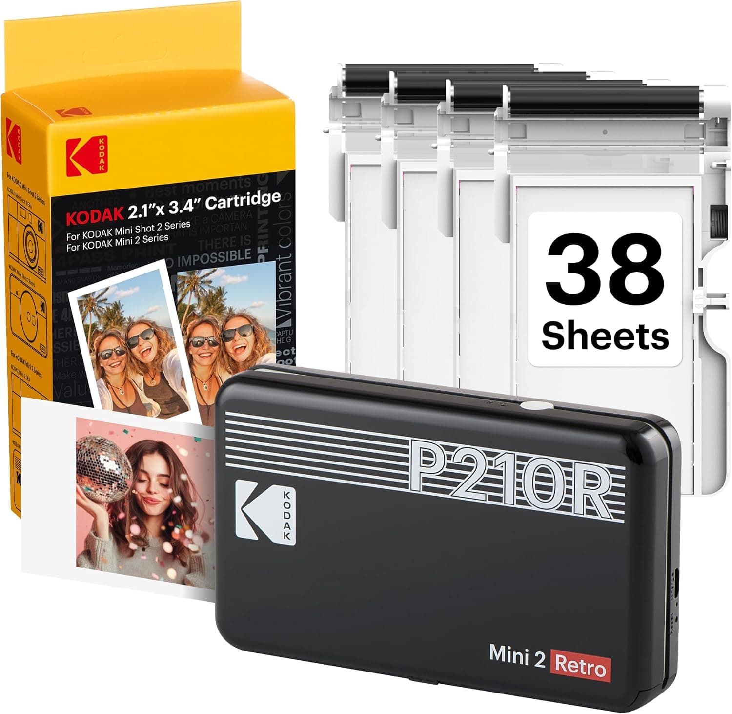 Impresora fotográfica portátil KODAK Mini 2 Retro 2x3, 4PASS, 38 hojas, negra | Compatible con Bluetooth, iPhone y teléfonos inteligentes Android, a prueba de manchas, resistente al agua, resistente a la decoloración