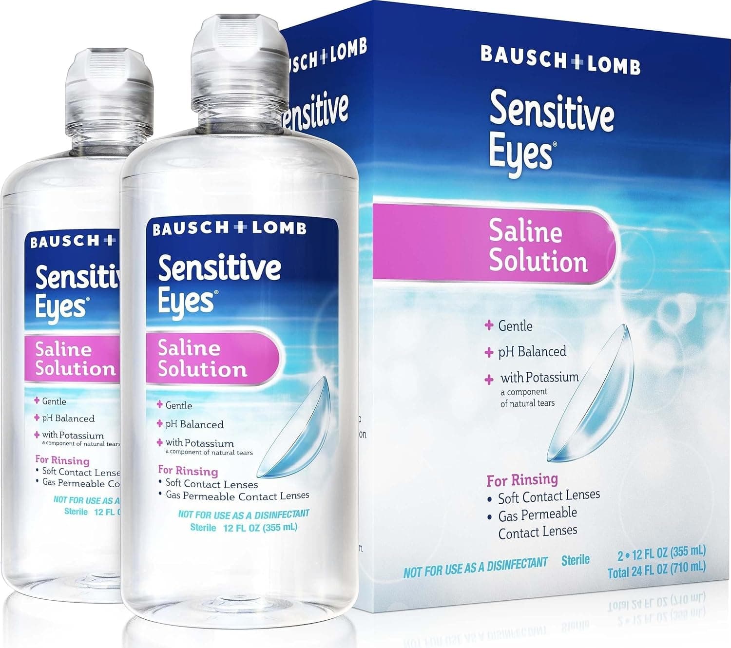 Bausch + Lomb Solución salina para lentes de contacto para ojos sensibles, 12 oz, paquete de 2 | Enjuague diario suave, lentes suaves y permeables a los gases, fórmula enriquecida con potasio, cuidado de lentes de contacto, valor al por mayor, paquete de 2