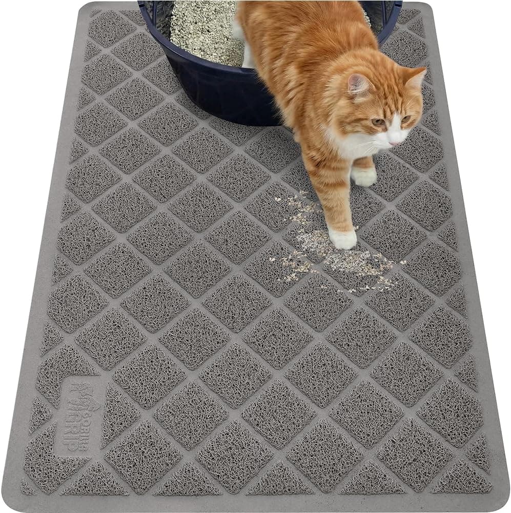 GORILLA GRIP Alfombrilla para caja de arena para gatos, 35 x 23, alfombrillas acolchadas de malla en espiral para atrapar arena, suministros de control de dispersión para menos desorden, libre de ftalatos, ranuras de captura ultra profundas, enjuague o aspiradora para limpiar, gris
