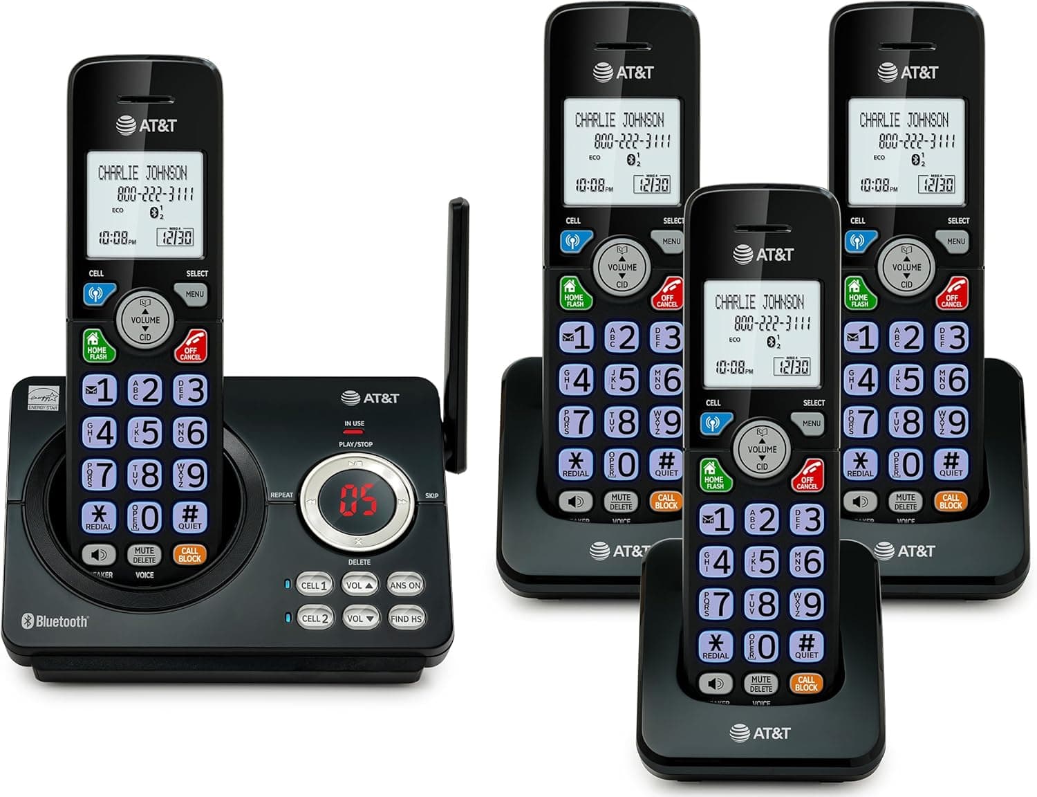 Teléfono inalámbrico AT&T DECT 6.0, 4 auriculares: bloqueador de llamadas inteligente, conexión Bluetooth al celular, anuncio de identificador de llamadas, contestador automático | DL72479