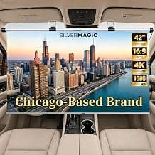 Pantalla de proyector para automóvil, revestimiento ALR 16:9 de 42 pulgadas, desplegable y retraíble automáticamente, pantalla de película de proyector pequeña sin arrugas para SUV, camping, RV, uso en interiores y exteriores de SilverMagic