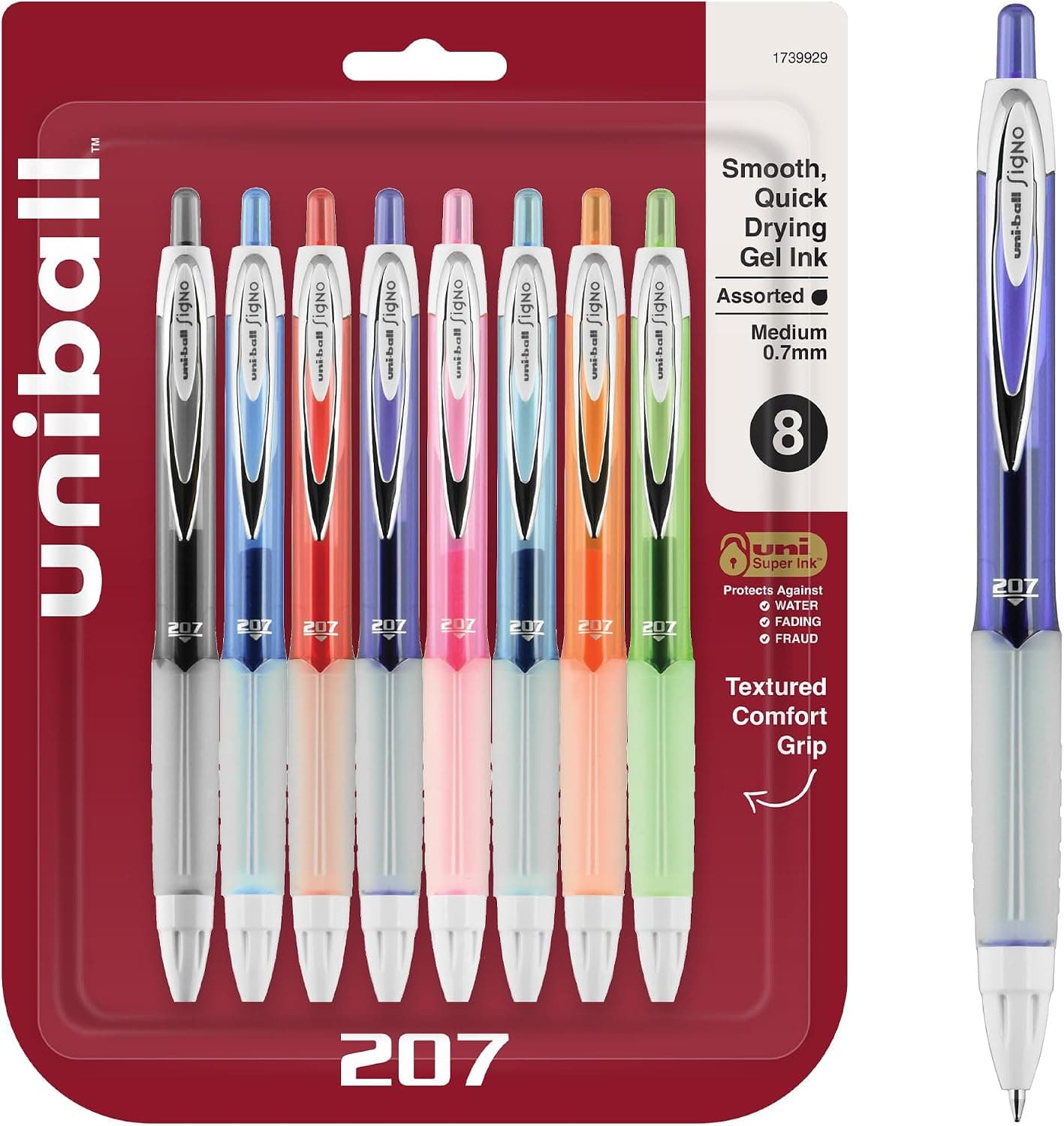 Uniball 207 Fashion Bolígrafos de gel retráctiles, punta media (0,7 mm), surtidos, paquete de 8