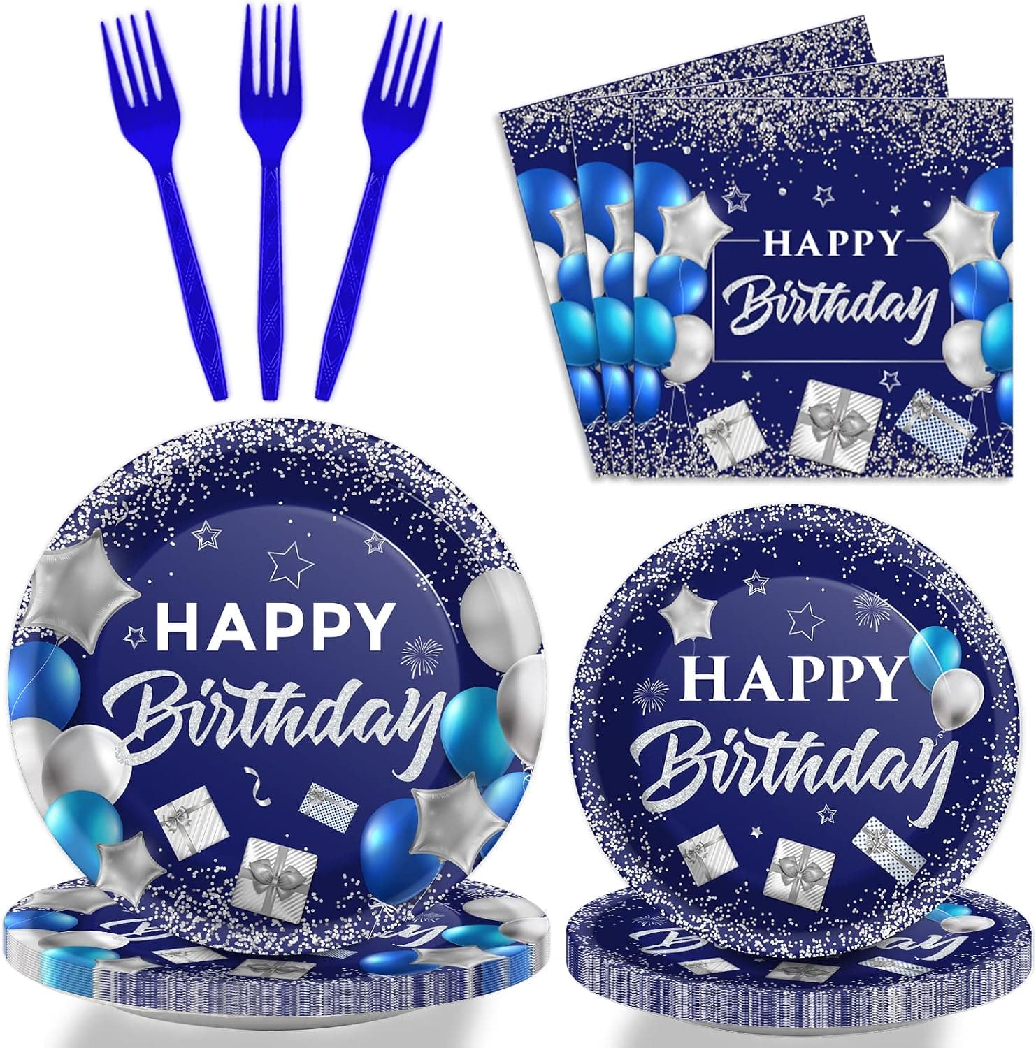 Wiooffen 96 Pcs Blue Happy Birthday Party Tableware Set Navy Blue and Silver Happy Birthday Paper Plates Napkins and Forks for Men Women Disposable Party Supplies for 24 Guests