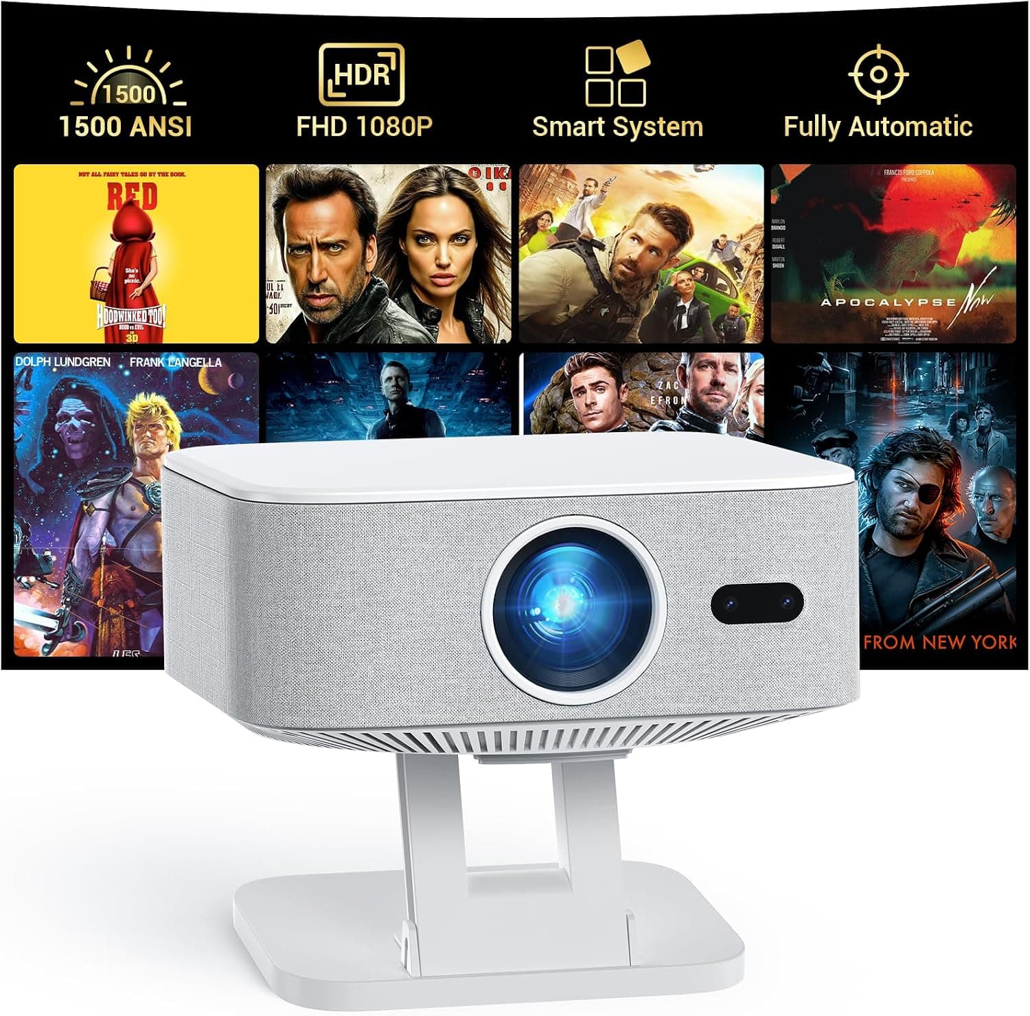Proyector 4K para exteriores con WiFi y Bluetooth, aplicaciones integradas, proyector inteligente con enfoque automático y Keystone, 1500 lúmenes ANSI y proyector de películas de 300" para uso en exteriores