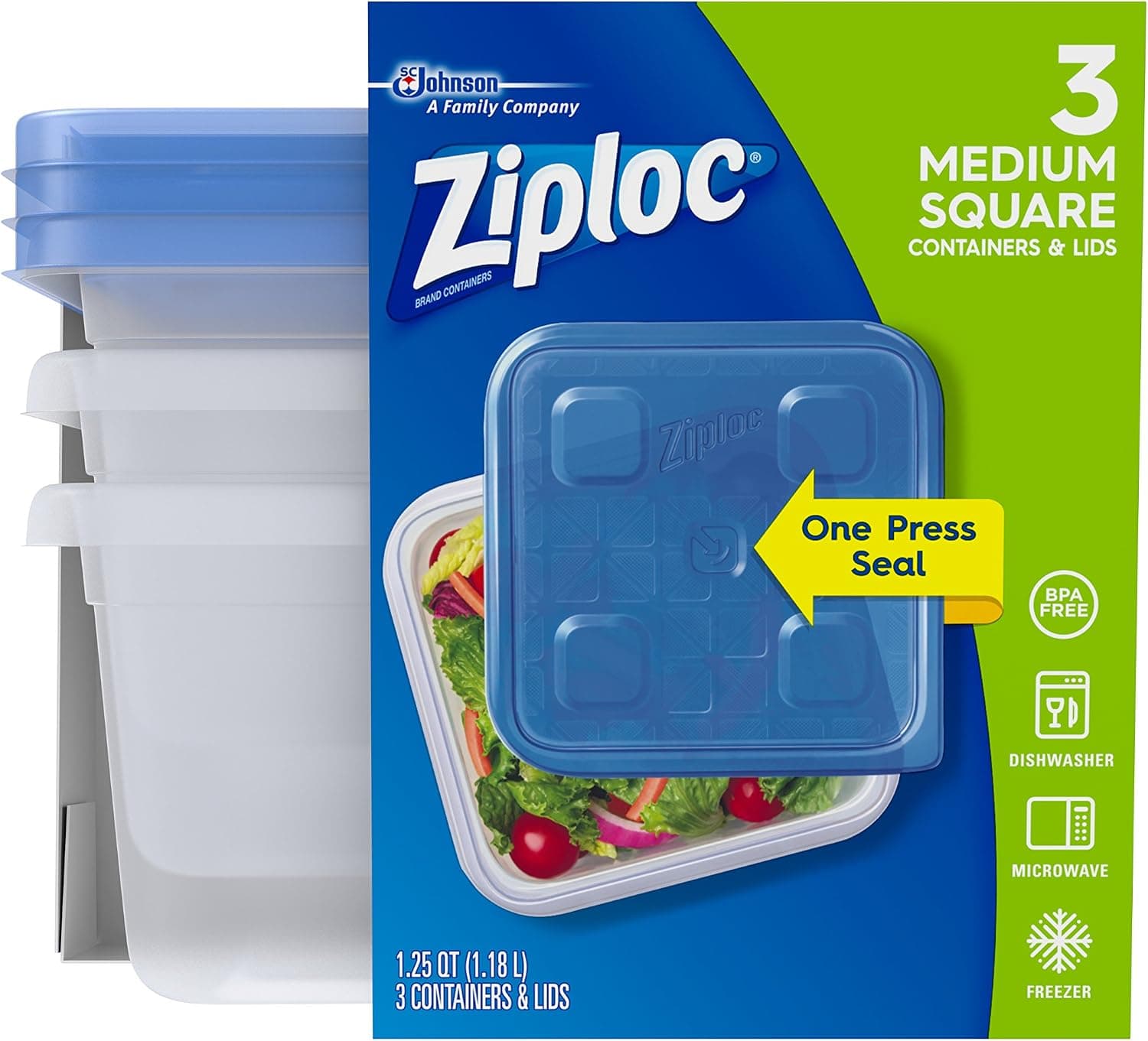 Ziploc Contenedores de preparación de comidas para almacenamiento de alimentos con un sello de prensa, para viajes y organización, aptos para lavavajillas, cuadrados medianos, 3 unidades