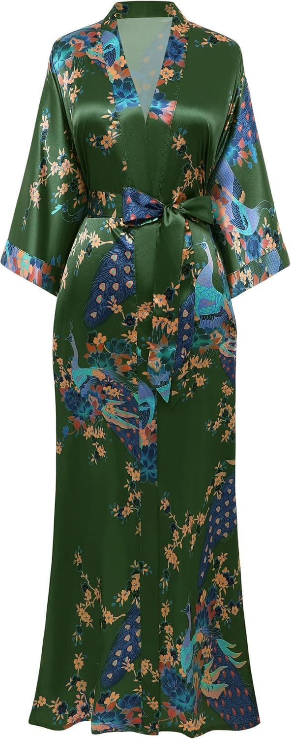 BABEYOND Bata de kimono para mujer Bata larga de satén con camisón kimono estampado de pavo real y flores | Sedoso, estampado floral, cierre de faja, hasta el tobillo, ropa de fiesta de boda, ropa de dormir, camisón, ropa de salón
