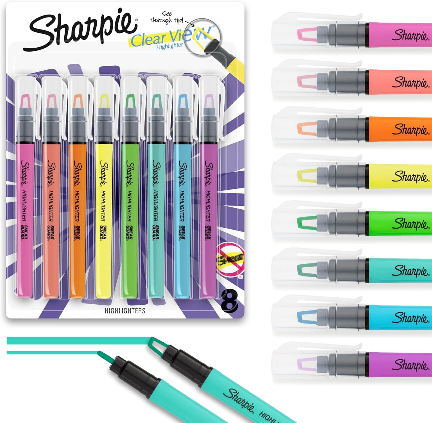 Sharpie Clear View resaltador en barra, juego de resaltador con punta de cincel, suministros esenciales para escuela y maestros, resistente a las manchas, resaltadores de colores surtidos, paquete de 8