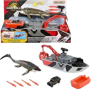 ​Juego de coches de juguete Matchbox, barco dinosaurio Jurassic World de 12,5" con dinosaurio Mosasaurus de 13", jeep fundido a presión 1:64, misiles Harpoon y barco de rescate desmontable