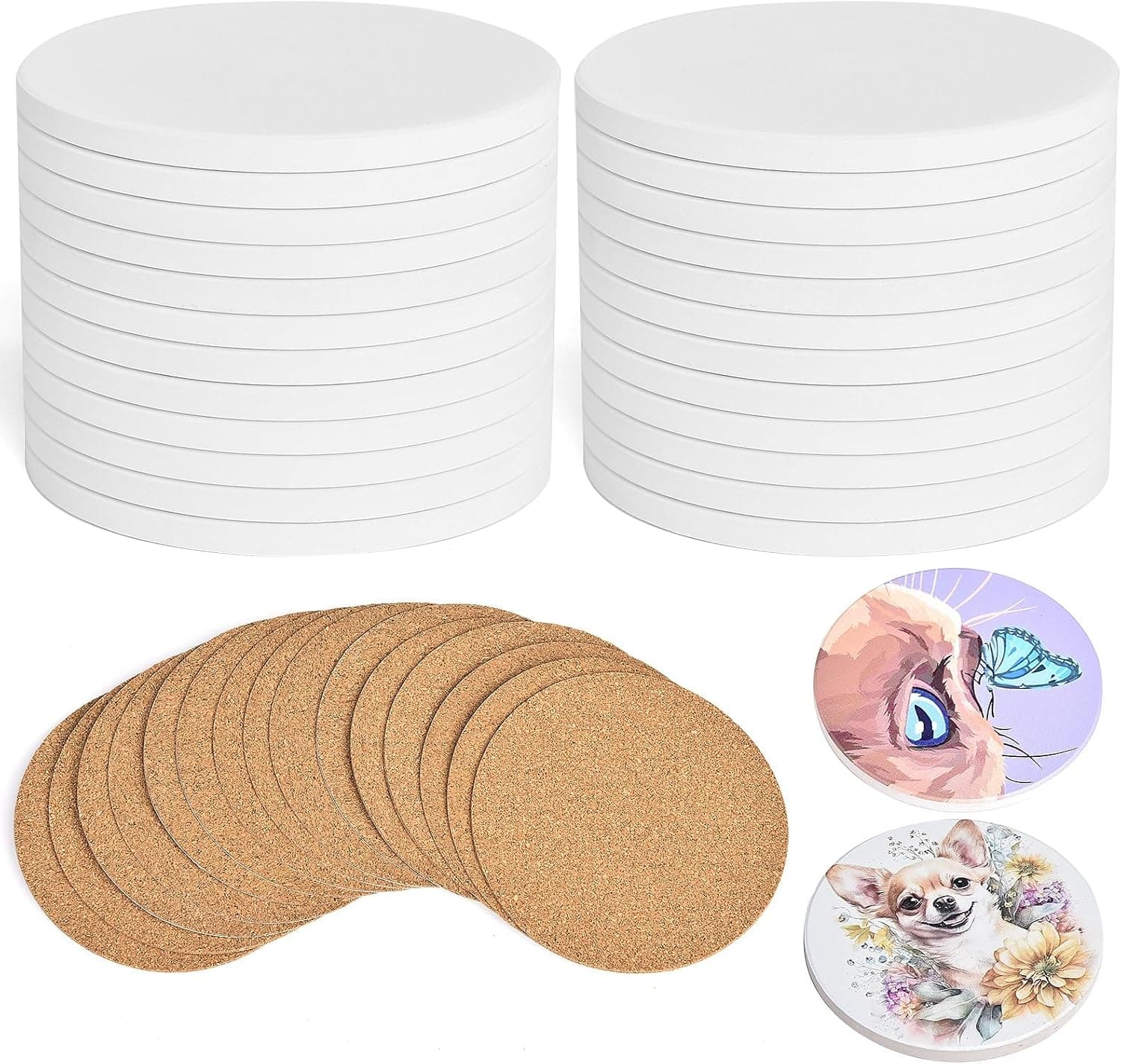 24 piezas de azulejos de cerámica redondos para manualidades, posavasos de cerámica blanca de 4 x 4 para manualidades con almohadillas de corcho, azulejos en blanco sin esmaltar para pintura, tinta con alcohol, vertido acrílico, posavasos de bricolaje