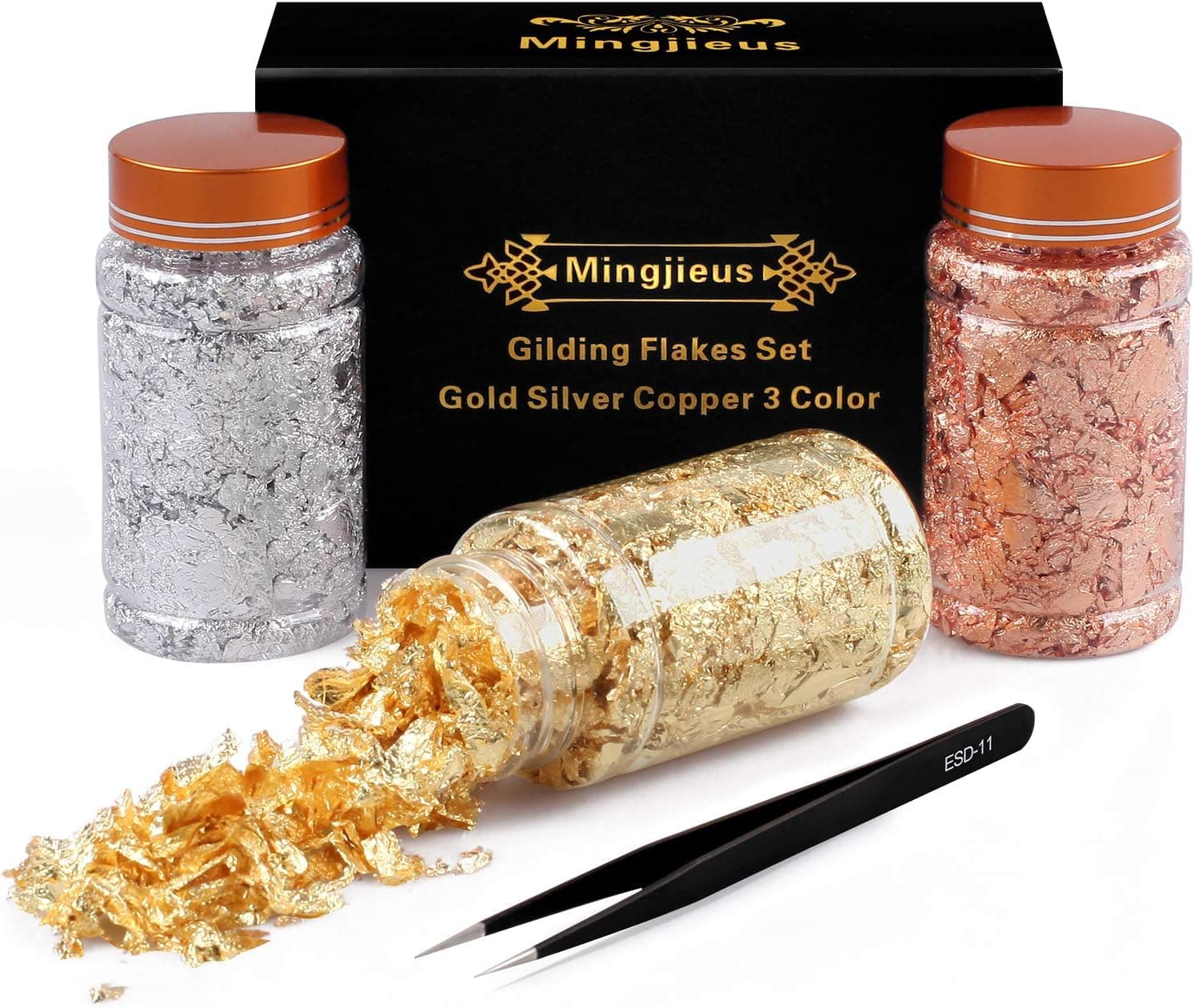 Juego de copos dorados, copos de lámina dorada para resina, 3 botellas de copos de lámina metálica para fabricación de joyas de resina, uñas, pintura, manualidades y limo (colores oro, plata, cobre)