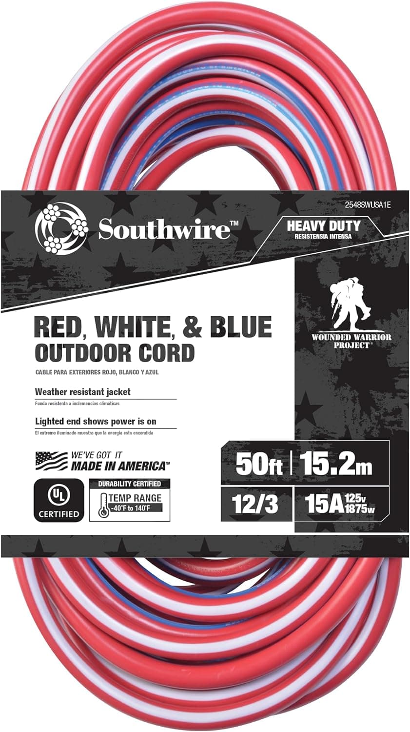 Cable de extensión Southwire de alta resistencia, 50 pies, calibre 12, 3 conductores, cable para exteriores, extremo iluminado, SJTW, rojo/blanco/azul, 2548SWUSA1