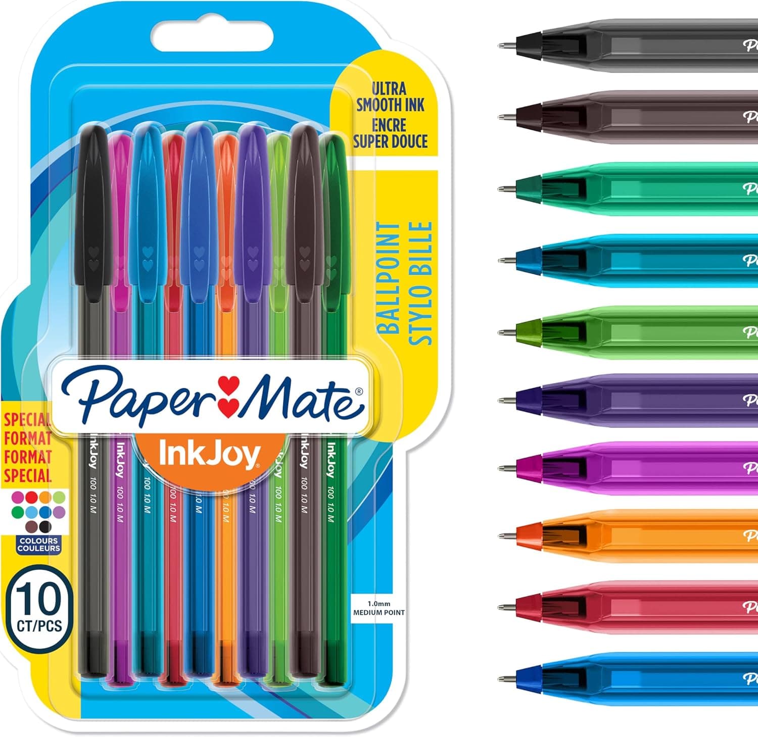 Bolígrafos Paper Mate InkJoy 100ST | Punta media (1,0 mm) | Colores divertidos | 10 unidades