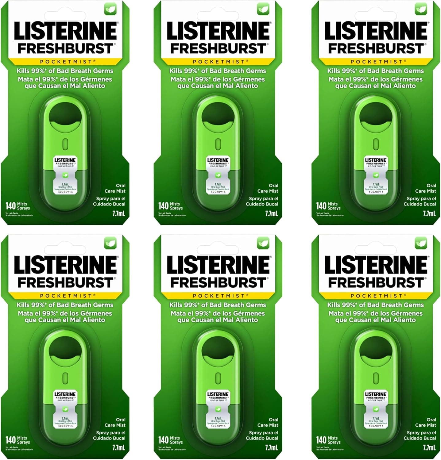 Listerine Pocketmist Bruma para el cuidado bucal, Freshburst, 0.26 fl. onzas/7,7 ml x 6 | Aliento fresco instantáneo, sin azúcar, spray bucal de tamaño de viaje, mata el 99 % de los gérmenes del mal aliento, para llevar, portátil, sabor a menta verde